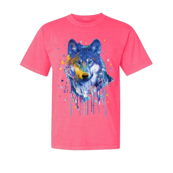 Wild Bobby, Wolf Painting Splatter, Animal Lover, Garment-Dyed Washed Look Short Sleeve T-Shirt, Neon Pink, Medium