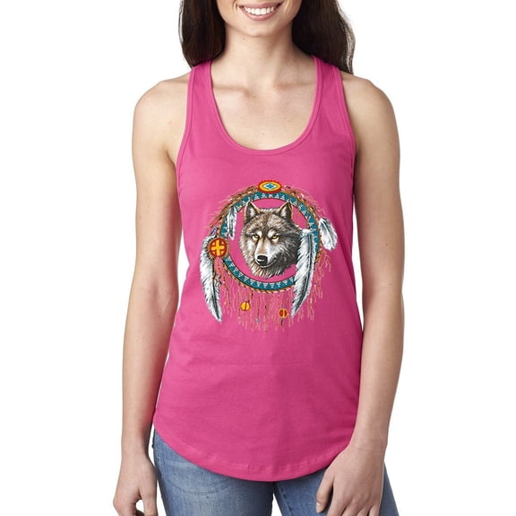 Wild Bobby, Wolf in Dream Catcher Animal Lover Ladies Racerback Tank Top