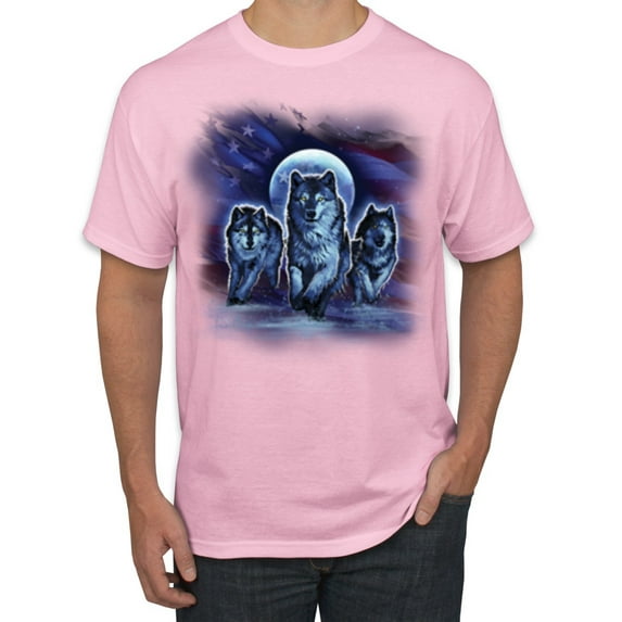 Wild Bobby, Wolfpack Running At Night Moon American Flag Animal Lover Men's Graphic T-Shirt, Light Pink, 5XL