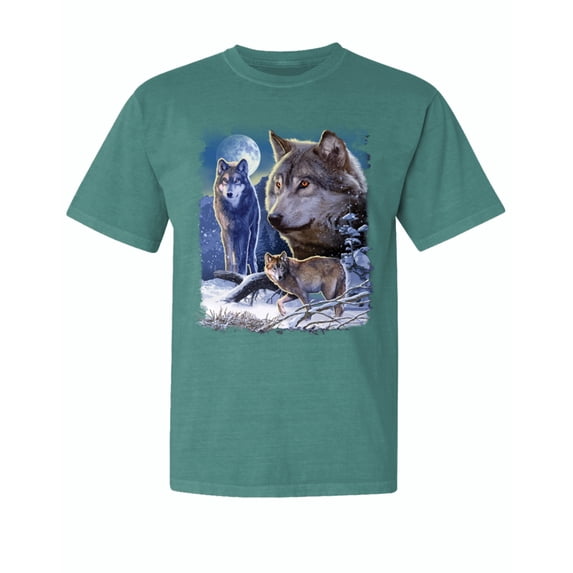Wild Bobby, Wolves and The Moon in The Winter Night, Animal Lover, Garment-Dyed Washed Look Short Sleeve T-Shirt, Emerald, Small