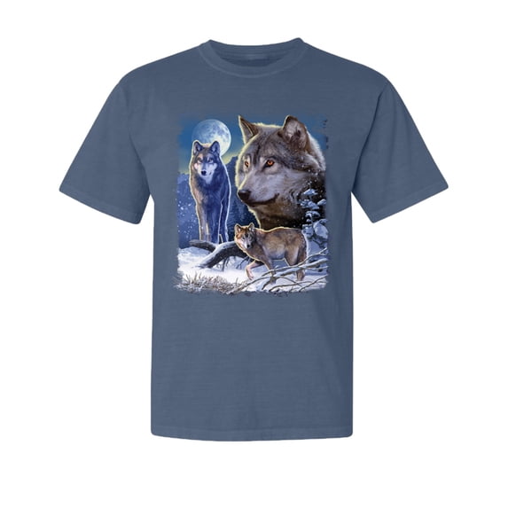 Wild Bobby, Wolves and The Moon in The Winter Night, Animal Lover, Garment-Dyed Washed Look Short Sleeve T-Shirt, Navy, X-Large