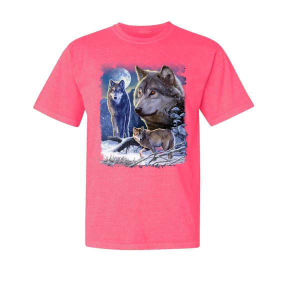 Wild Bobby, Wolves and The Moon in The Winter Night, Animal Lover, Garment-Dyed Washed Look Short Sleeve T-Shirt, Neon Pink, 2XL