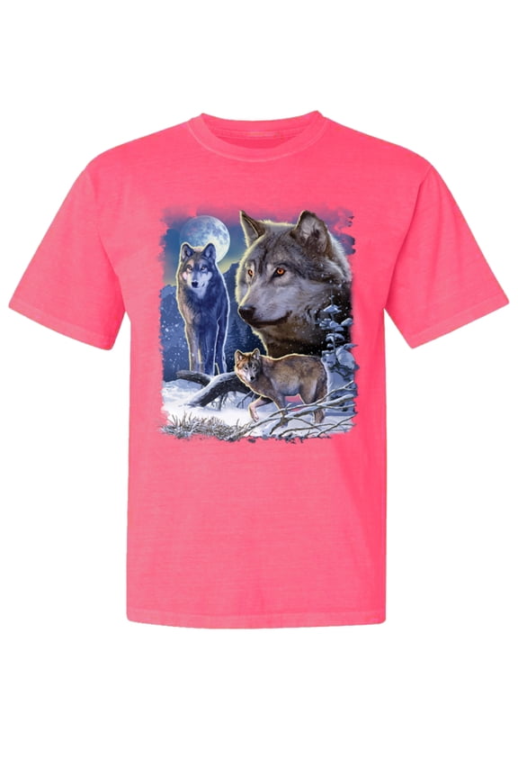 , Wolves and The Moon in The Winter Night, Animal Lover, Garment-Dyed Washed Look Short Sleeve T-Shirt, Neon Pink, Small