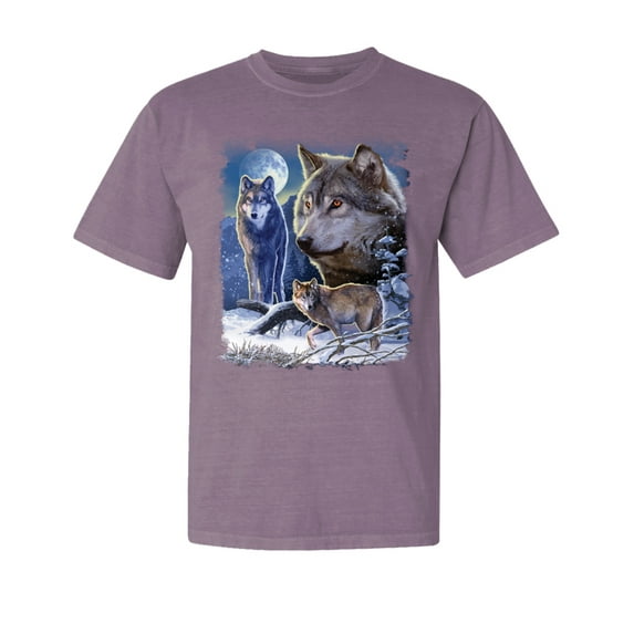 Wild Bobby, Wolves and The Moon in The Winter Night, Animal Lover, Garment-Dyed Washed Look Short Sleeve T-Shirt, Rosewood, Large
