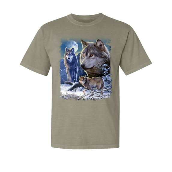 Wild Bobby, Wolves and The Moon in The Winter Night, Animal Lover, Garment-Dyed Washed Look Short Sleeve T-Shirt, Sand, Large