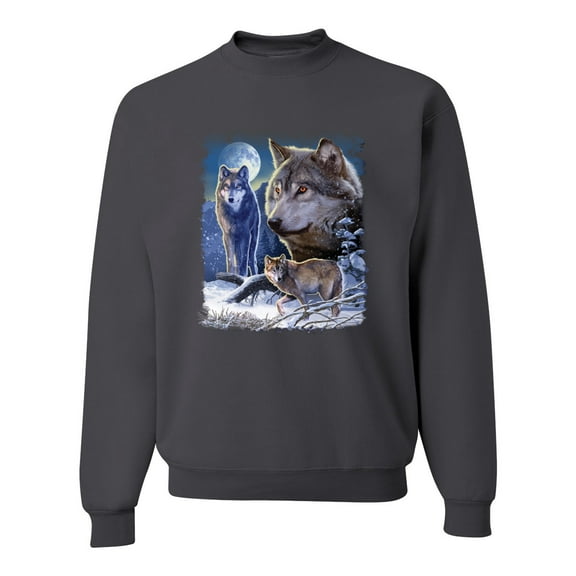 Wild Bobby, Wolves and the Moon in the Winter Night, Animal Lover, Crewneck Graphic Sweatshirt, Charcoal, 2XL