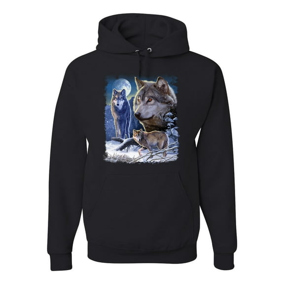 Wild Bobby, Wolves and the Moon in the Winter Night | Mens Animal Lover Hooded Sweatshirt Graphic Hoodie, Black, Small