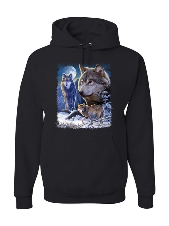 , Wolves and the Moon in the Winter Night | Mens Animal Lover Hooded Sweatshirt Graphic Hoodie, Black, Small