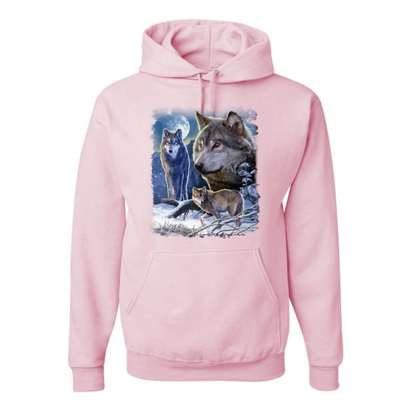 Wild Bobby, Wolves and the Moon in the Winter Night | Mens Animal Lover Hooded Sweatshirt Graphic Hoodie, Light Pink, Medium