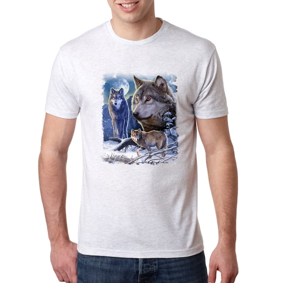 Wild Bobby, Wolves and the Moon in the Winter Night | Mens Animal Lover Premium Tri Blend T-Shirt, Heather White, Large