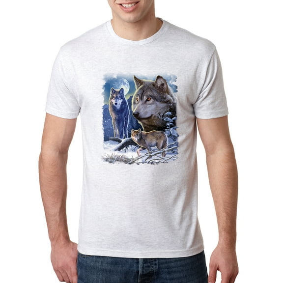 Wild Bobby, Wolves and the Moon in the Winter Night | Mens Animal Lover Premium Tri Blend T-Shirt, Heather White, Small