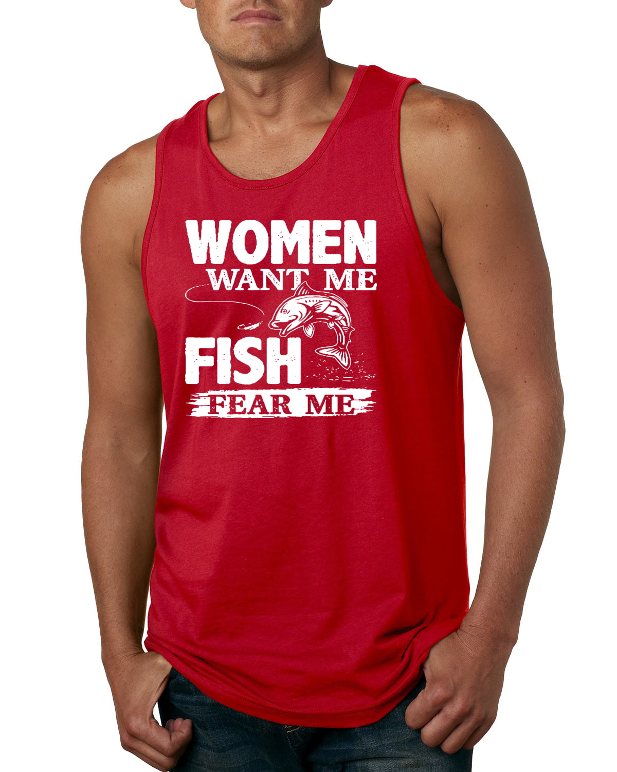 Wild Bobby, Woman Want Me Fish Fear Me, Fishing, Men Graphic Tank Top, Red,  Small