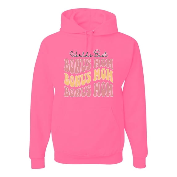 Wild Bobby, World's Best Bonus Mom Mother's Day Unisex Hoodie Sweatshirt, Neon Pink, Medium