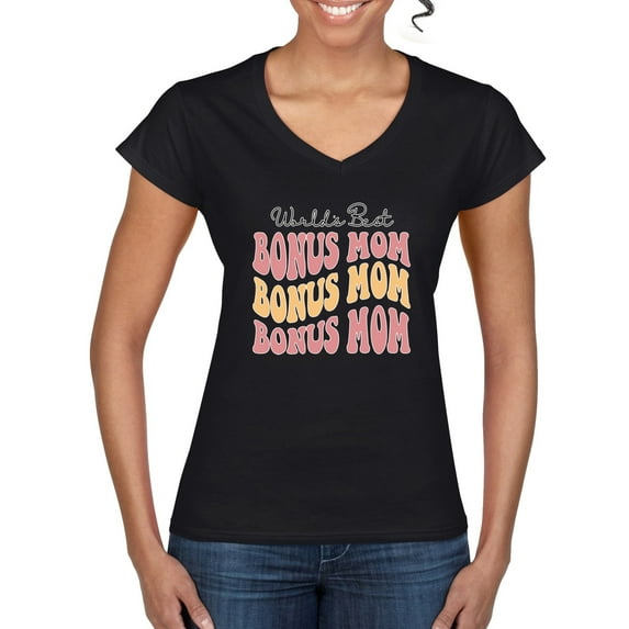Wild Bobby, World's Best Bonus Mom Mother's Day Women’s Standard V-Neck Tee, Black, Medium