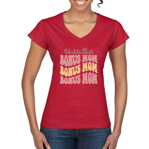 Wild Bobby, World's Best Bonus Mom Mother's Day Women’s Standard V-Neck Tee, Red, Small