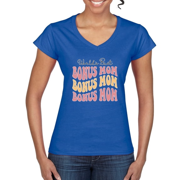 Wild Bobby, World's Best Bonus Mom Mother's Day Women’s Standard V-Neck Tee, Royal, Large