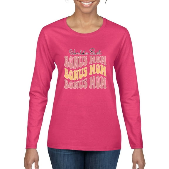 Wild Bobby, World's Best Bonus Mom Mother's Day Womens Graphic Long Sleeve Tee, Fuschia, Medium