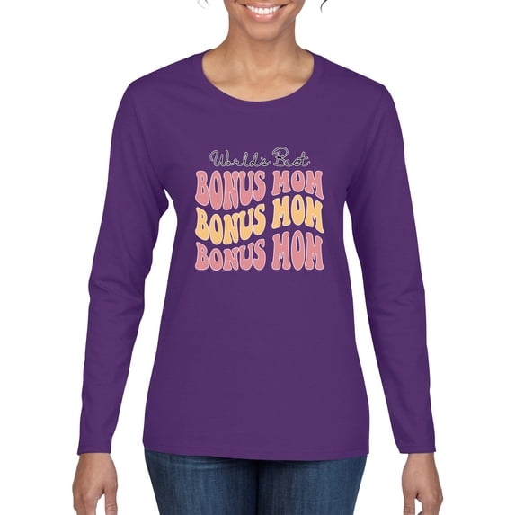 Wild Bobby, World's Best Bonus Mom Mother's Day Womens Graphic Long Sleeve Tee, Purple, Large