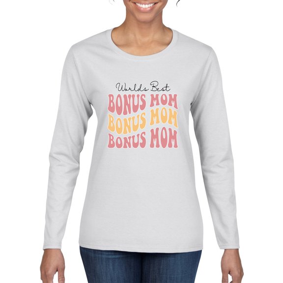Wild Bobby, World's Best Bonus Mom Mother's Day Womens Graphic Long Sleeve Tee, White, XX-Large