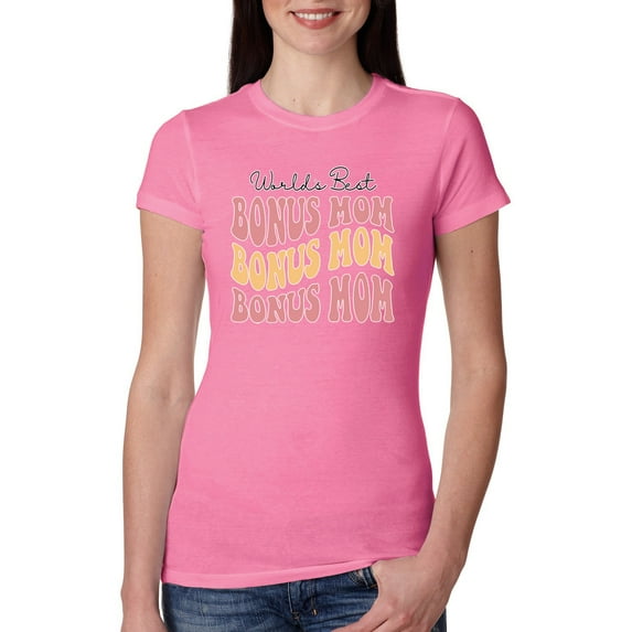 Wild Bobby, World's Best Bonus Mom Mother's Day Womens Slim Fit Junior Tee, Hot Pink, Medium