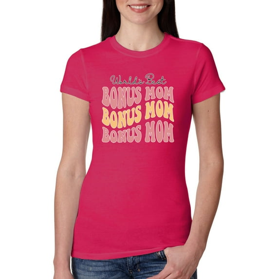 Wild Bobby, World's Best Bonus Mom Mother's Day Womens Slim Fit Junior Tee, Raspberry, Large