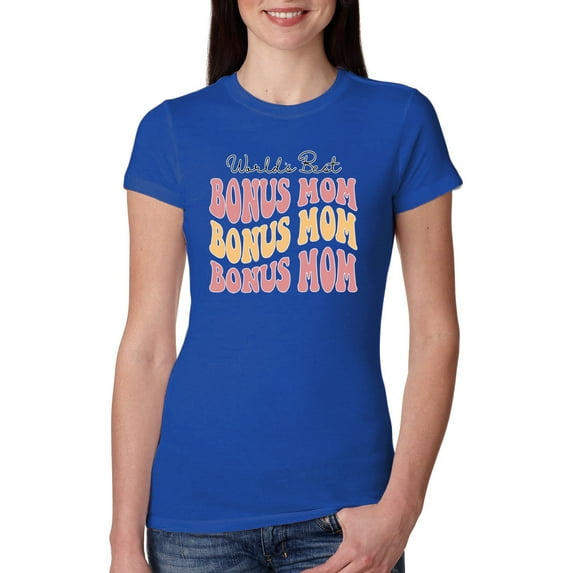 Wild Bobby, World's Best Bonus Mom Mother's Day Womens Slim Fit Junior Tee, Royal, X-Large