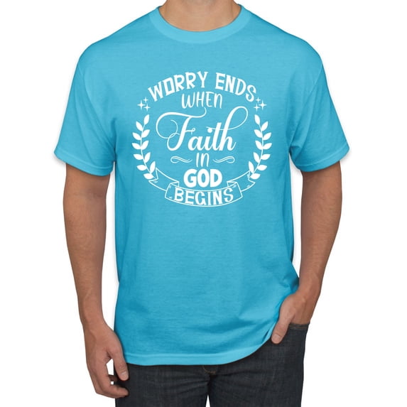 Wild Bobby Worry Ends When Faith In God Begins Inspirational/Christian Men Graphic Tee, Light Turquoise, 3X-Large