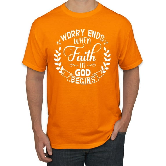 Wild Bobby Worry Ends When Faith In God Begins Inspirational/Christian Men Graphic Tee, Orange, X-Large