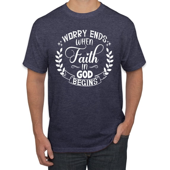 Wild Bobby Worry Ends When Faith In God Begins Inspirational/Christian Men Graphic Tee, Vintage Heather Navy, 4X-Large