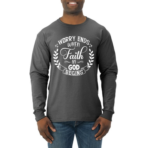 Wild Bobby Worry Ends When Faith In God Begins Inspirational/Christian Men Long Sleeve Shirt, Heather Black, X-Large