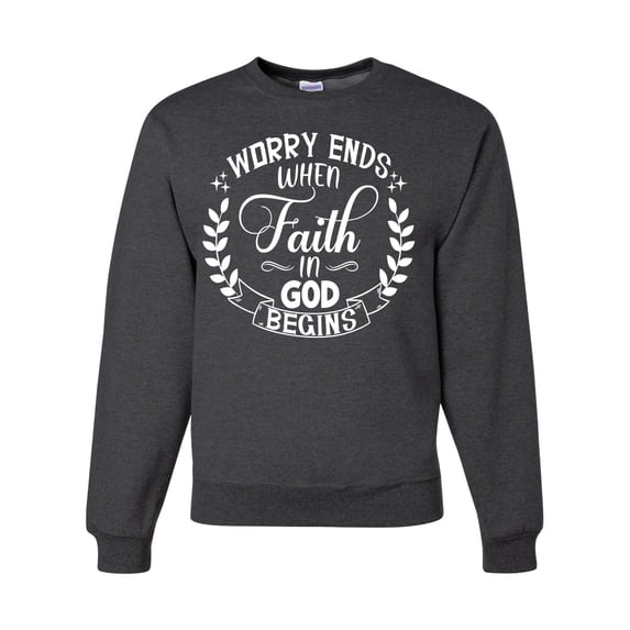 Wild Bobby Worry Ends When Faith In God Begins Inspirational/Christian Unisex Crewneck Graphic Sweatshirt, Heather Black, XX-Large