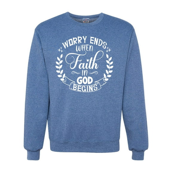 Wild Bobby Worry Ends When Faith In God Begins Inspirational/Christian Unisex Crewneck Graphic Sweatshirt, Vintage Heather Blue, XX-Large