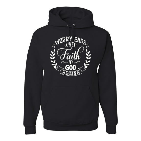 Wild Bobby Worry Ends When Faith In God Begins Inspirational/Christian Unisex Graphic Hoodie Sweatshirt, Black, Medium