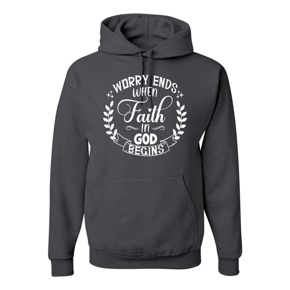 Wild Bobby Worry Ends When Faith In God Begins Inspirational/Christian Unisex Graphic Hoodie Sweatshirt, Charcoal, Small