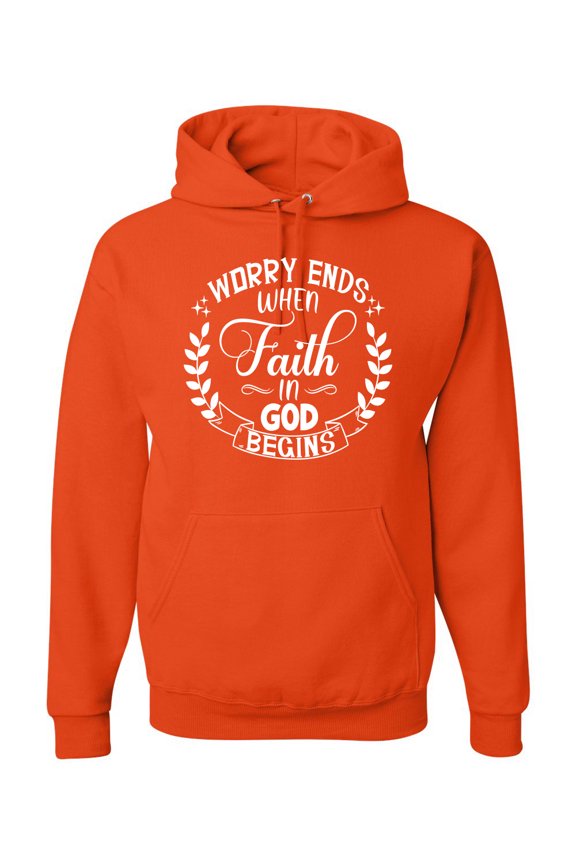 , Worry Ends When Faith In God Begins Inspirational/Christian Unisex Graphic Hoodie Sweatshirt, Orange, Small
