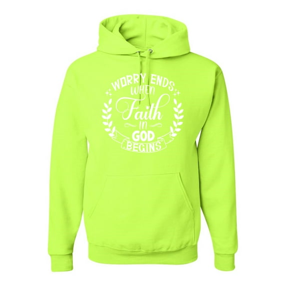 Wild Bobby Worry Ends When Faith In God Begins Inspirational/Christian Unisex Graphic Hoodie Sweatshirt, Safety Green, XX-Large
