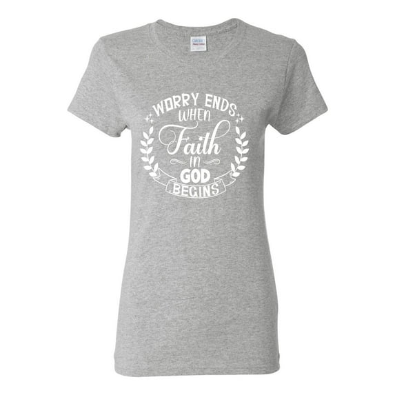 Wild Bobby Worry Ends When Faith In God Begins Inspirational/Christian Women Graphic Tee, Heather Grey, X-Large