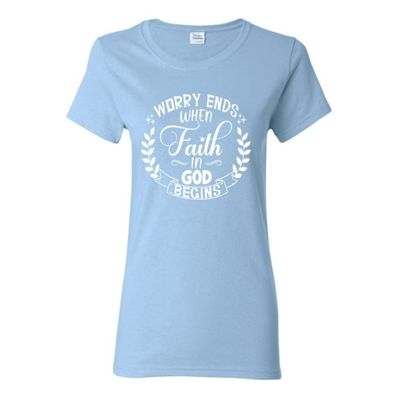 Wild Bobby, Worry Ends When Faith In God Begins Inspirational/Christian Women Graphic Tee, Light Blue, XX-Large