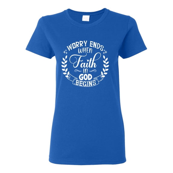 Wild Bobby Worry Ends When Faith In God Begins Inspirational/Christian Women Graphic Tee, Royal, Large