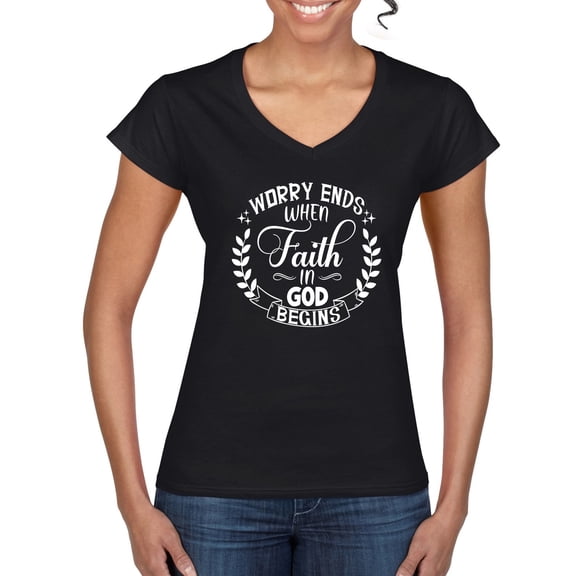 Wild Bobby Worry Ends When Faith In God Begins Inspirational/Christian Women Standard V-Neck Tee, Black, Small