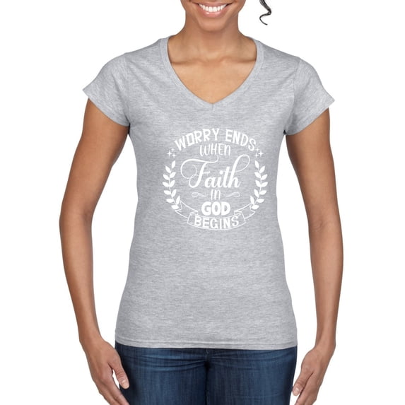 Wild Bobby Worry Ends When Faith In God Begins Inspirational/Christian Women Standard V-Neck Tee, Heather Grey, X-Large