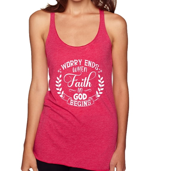 Wild Bobby Worry Ends When Faith In God Begins Inspirational/Christian Women Tri-Blend Racerback Tank Top, Shocking Pink, Large