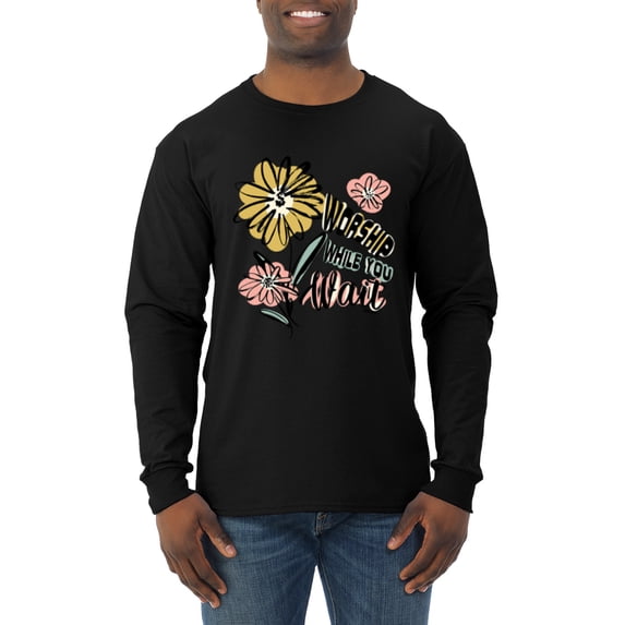 Wild Bobby Worship While You Wait Sunflower Pink and Yellow Inspirational/Christian Men Long Sleeve Shirt, Black, Small