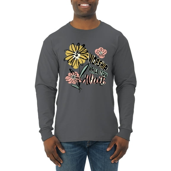 Wild Bobby Worship While You Wait Sunflower Pink and Yellow Inspirational/Christian Men Long Sleeve Shirt, Charcoal, Large