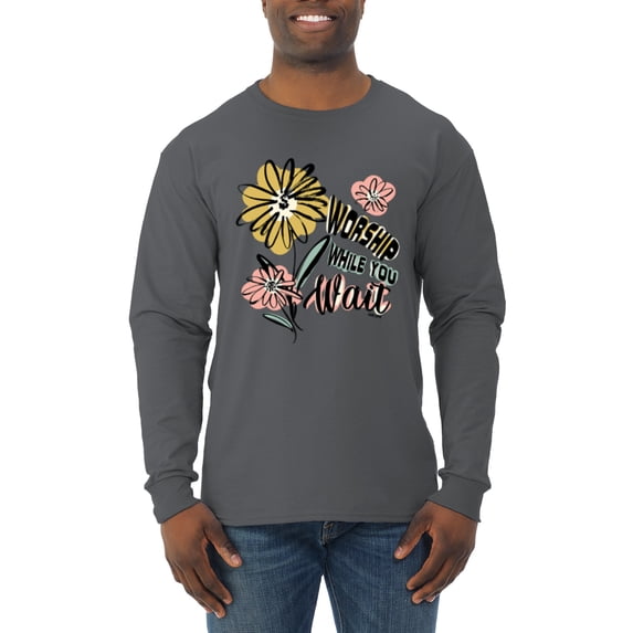 Wild Bobby Worship While You Wait Sunflower Pink and Yellow Inspirational/Christian Men Long Sleeve Shirt, Charcoal, X-Large