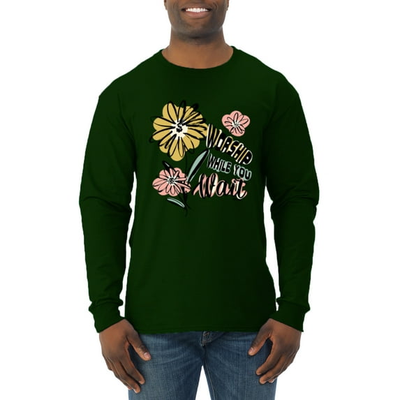 Wild Bobby Worship While You Wait Sunflower Pink and Yellow Inspirational/Christian Men Long Sleeve Shirt, Forest Green, X-Large