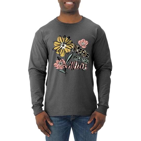Wild Bobby Worship While You Wait Sunflower Pink and Yellow Inspirational/Christian Men Long Sleeve Shirt, Heather Black, Large