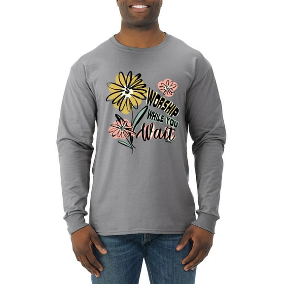 Wild Bobby Worship While You Wait Sunflower Pink and Yellow Inspirational/Christian Men Long Sleeve Shirt, Heather Grey, X-Large