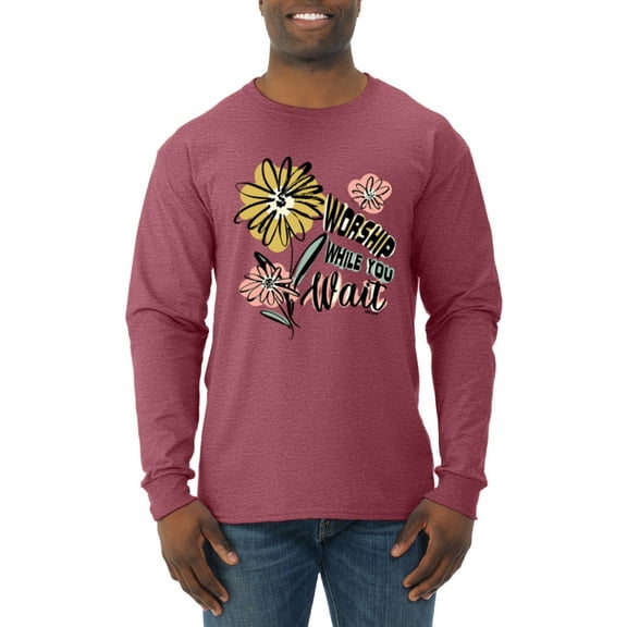 Wild Bobby Worship While You Wait Sunflower Pink and Yellow Inspirational/Christian Men Long Sleeve Shirt, Vintage Heather Red, Large