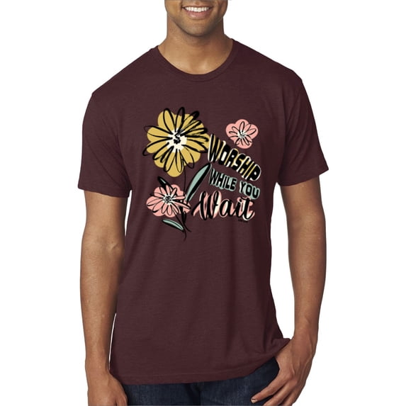 Wild Bobby Worship While You Wait Sunflower Pink and Yellow Inspirational/Christian Men Premium Tri Blend Tee, Cardinal, XX-Large